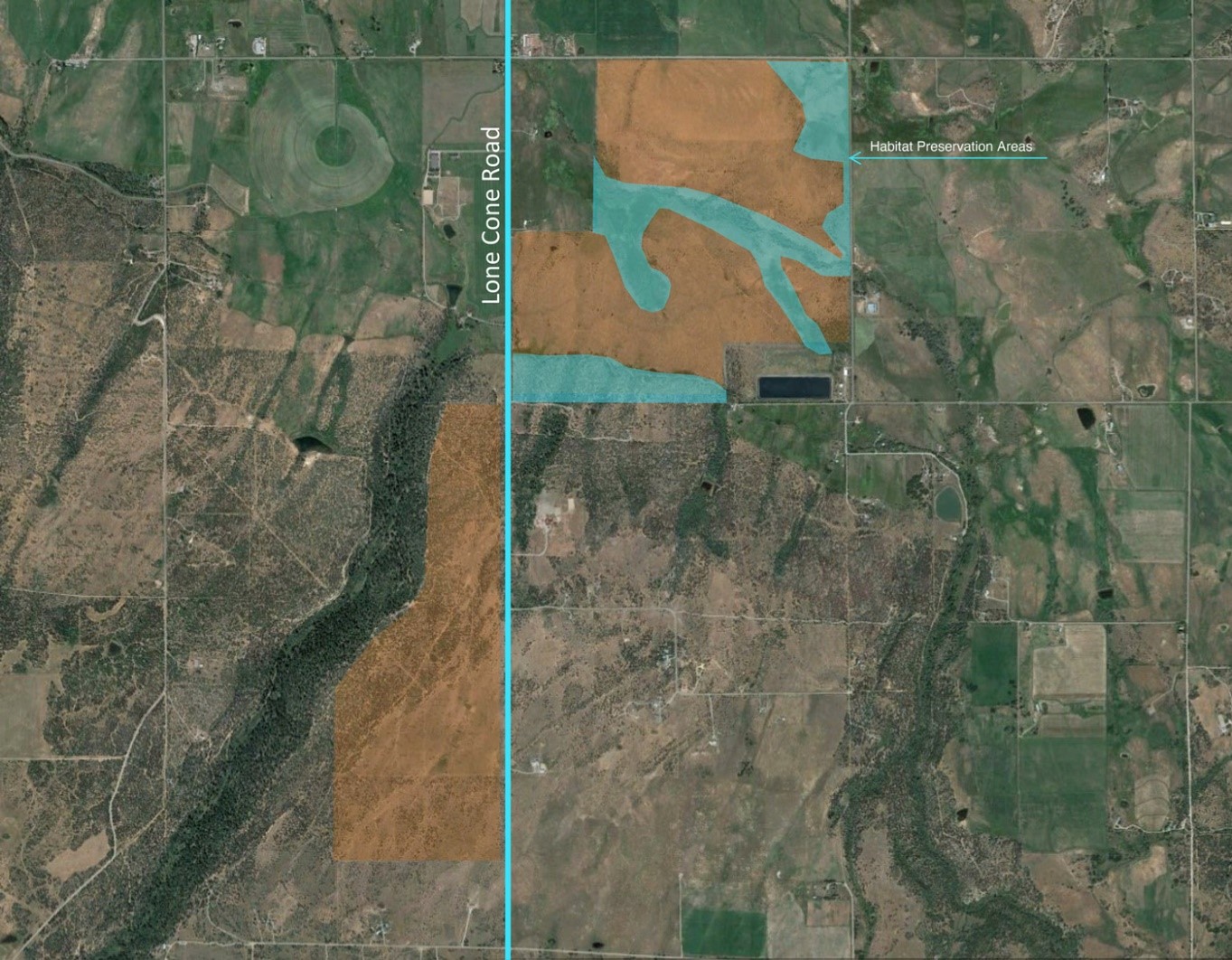 Figure 4 - Image of site plan taken from the Project website, showing the two proposed array areas in brown with blue areas indicating wetland and riparian zones to be avoided.