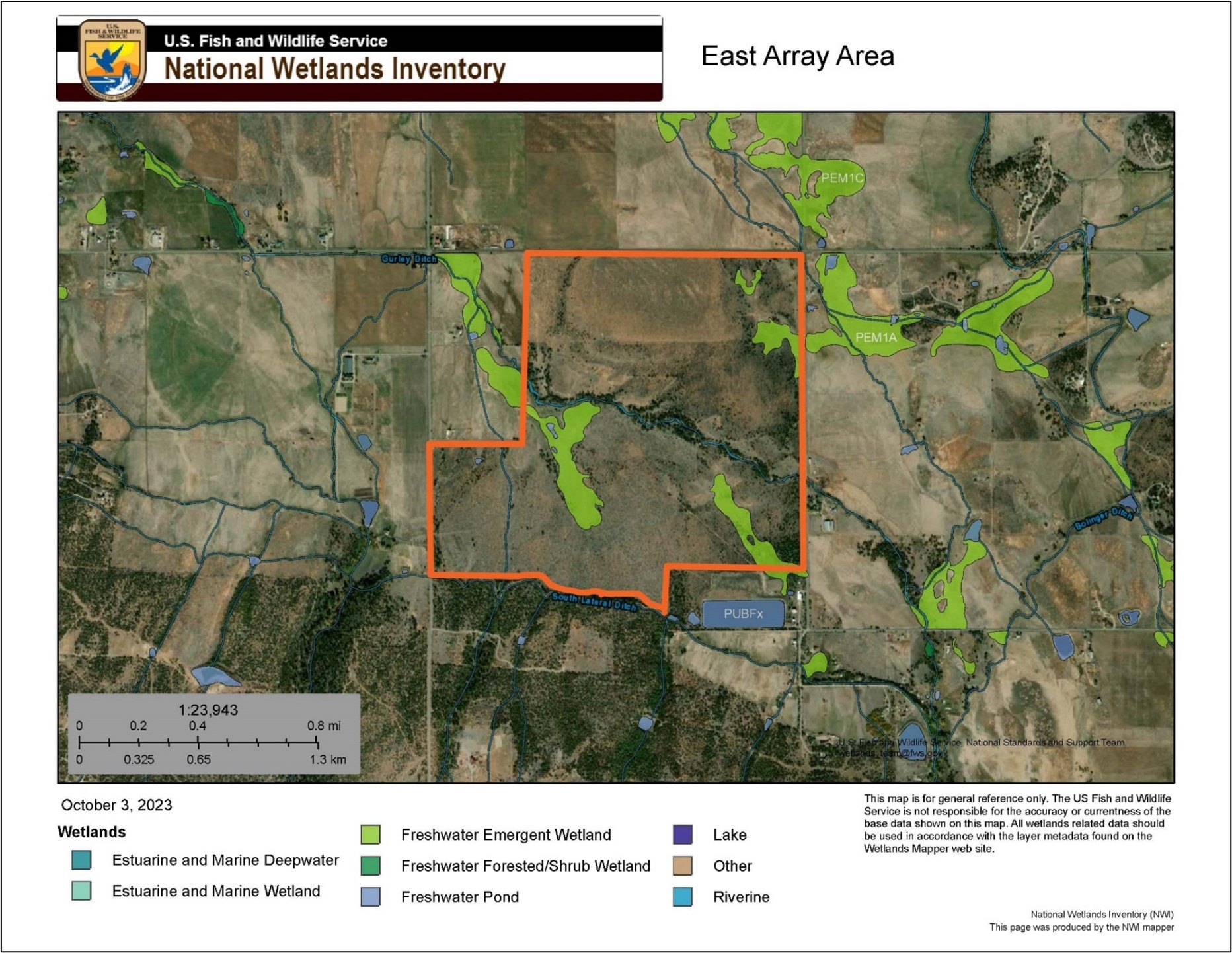 Figure 5 - USFWS National Wetlands Inventory map depicting the approximate boundary of the east array area.
