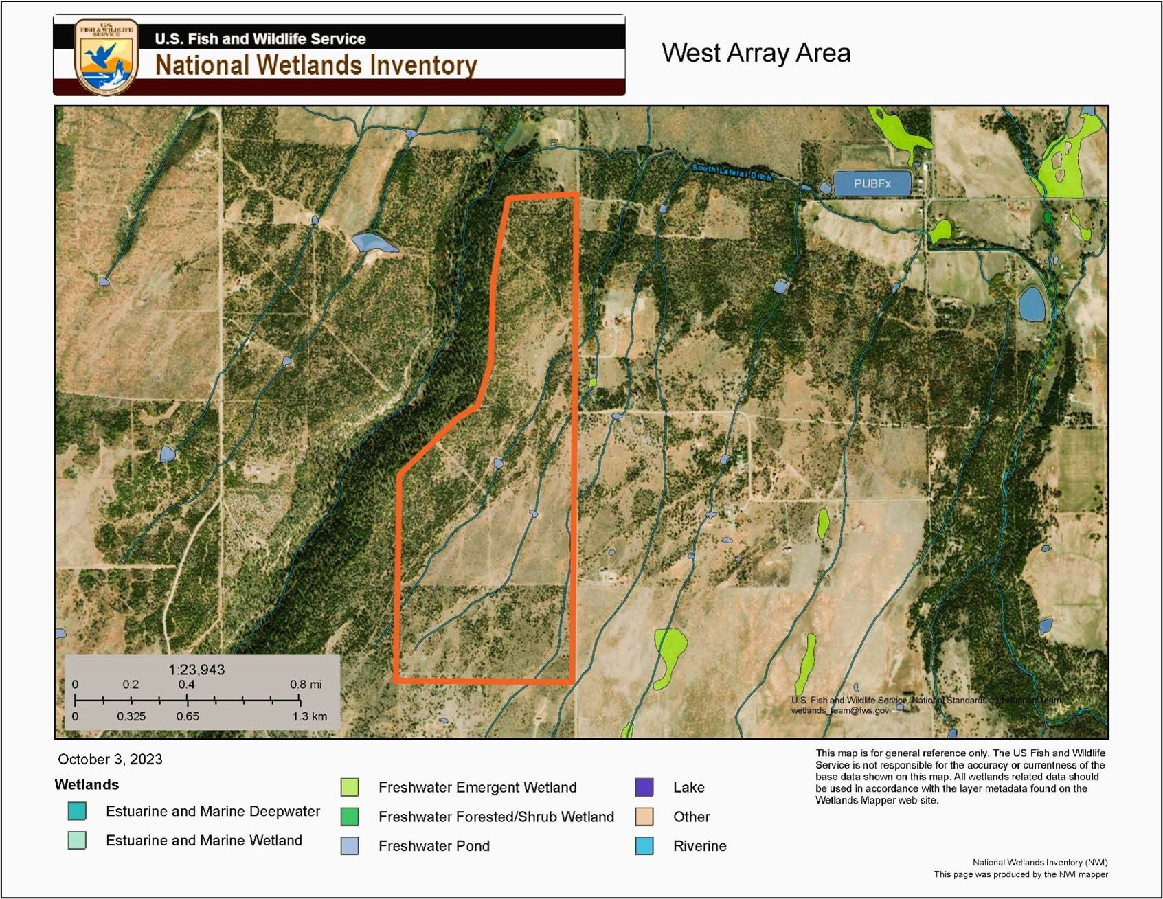 Figure 7 - USFWS National Wetlands Inventory map depicting approximate boundary of the west array area.