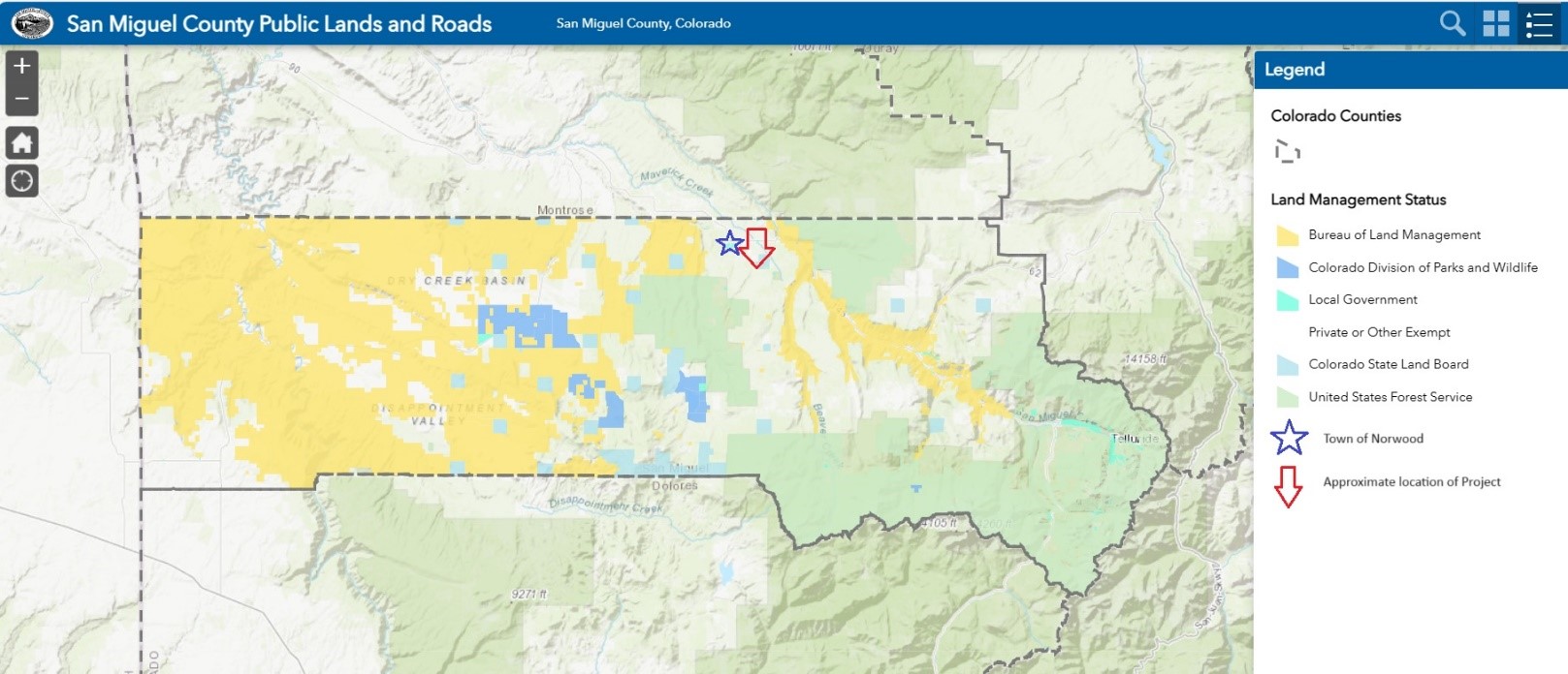 Figure 1 – San Miguel County Map depicting the town of Norwood, approximate location of the Project, and land management status within the county.  (Source: San Miguel County Public Lands and Roads (arcgis.com). Accessed, September 23, 2023.)