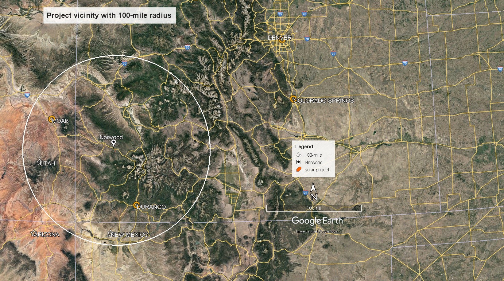 Figure 2 – General Vicinity Map depicting the approximate Project location (not to scale) and Norwood relative to the Four Corners region. (Source: Google Earth Pro, 2023.  Accessed, September 23, 2023.) 